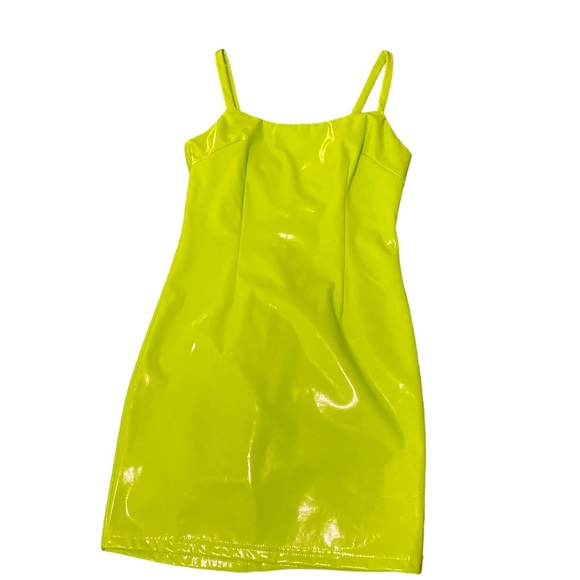 forever 21 neon green faux latex 90s Bodycon tight dress size small - Picture 2 of 3